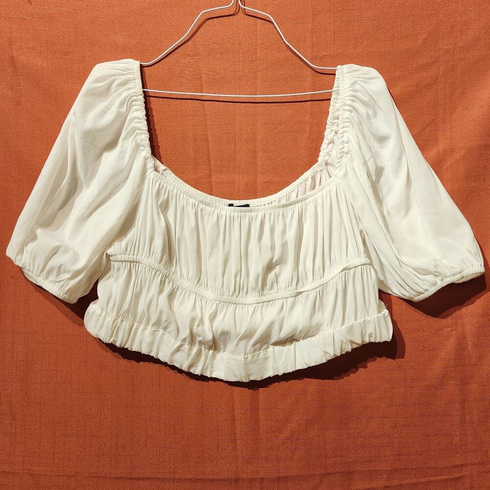 1.STATE White Sz XXL Ruched Elbow Milkmaid Smocked Balloon Sleeve Crop Top